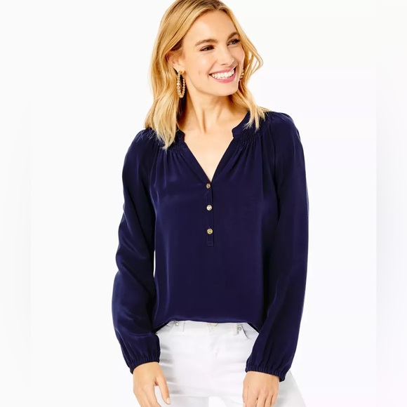 Lily Pulitzer Elsa Silk Blouse, Size Small - Navy - Picture 2 of 5